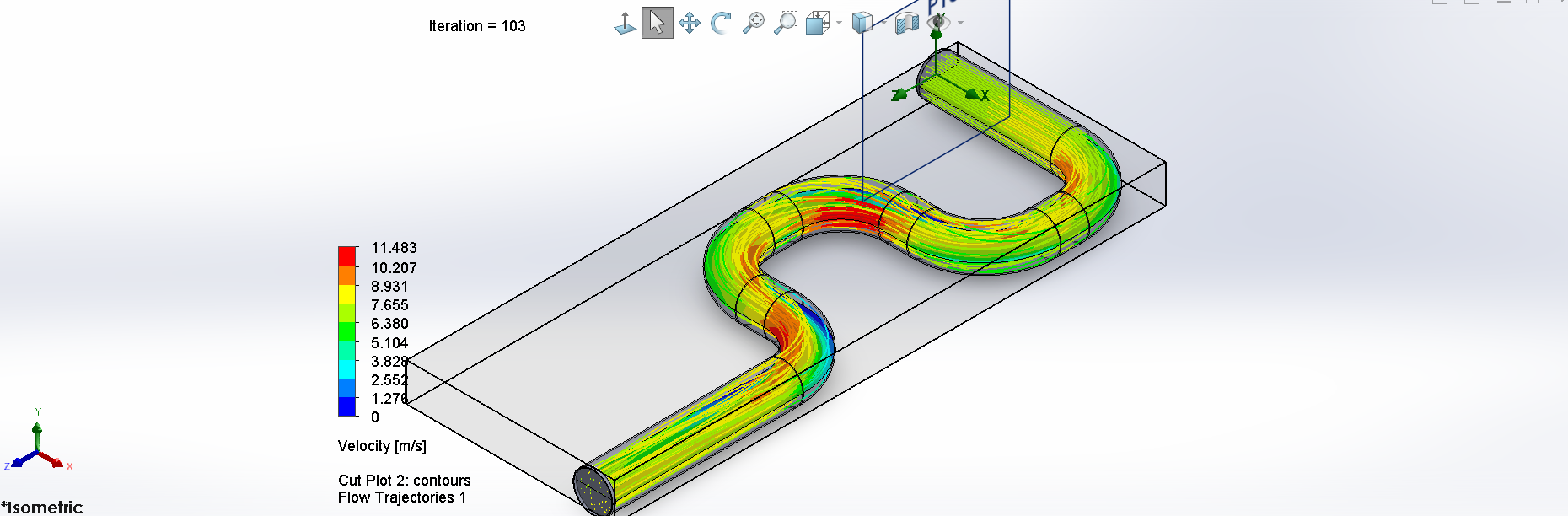 SolidWorks Flow Simulation streamlines through a multi-bend ECS duct network