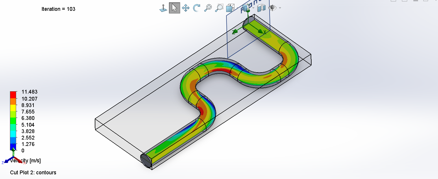 Velocity magnitude contour in ECS duct